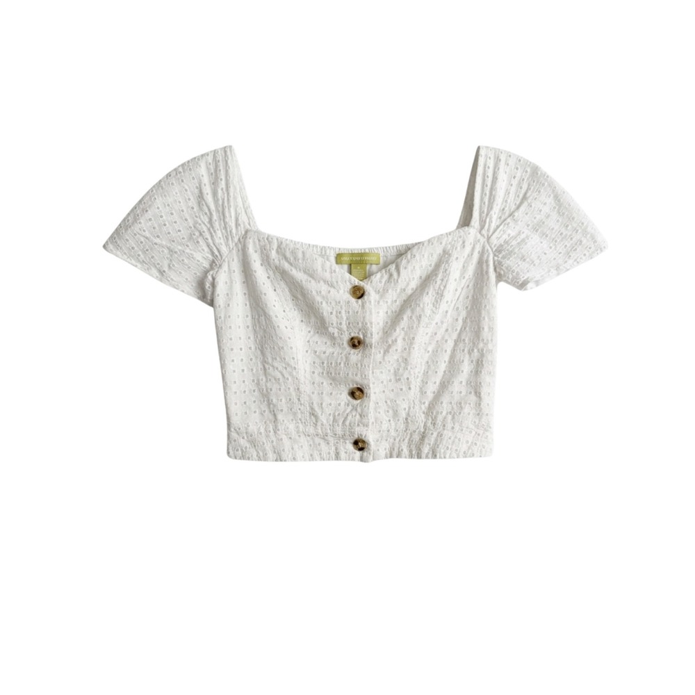 Gianni Bini Womens White‎ Eyelet Button Front Crop Top XS Short Sleeve Boho